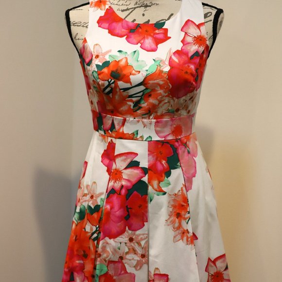 pink floral fit and flare dress